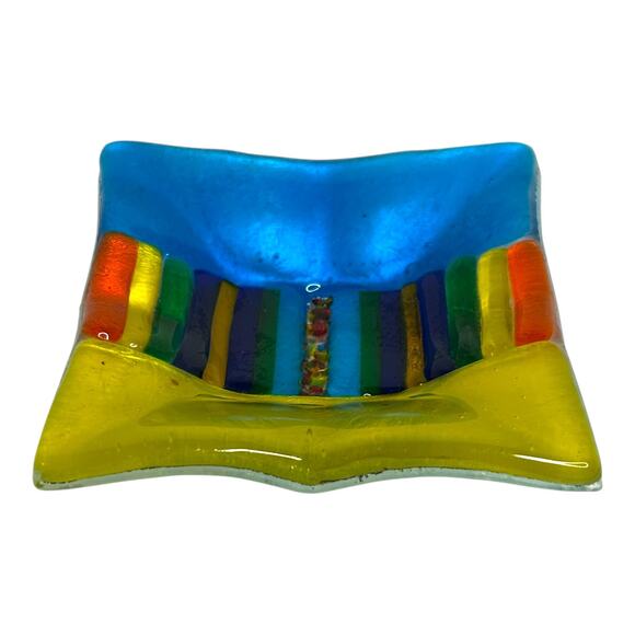 Fused Glass Rainbow Design Colorful Square Trinket Dish Ring Holder Vanity Decor - Picture 3 of 10